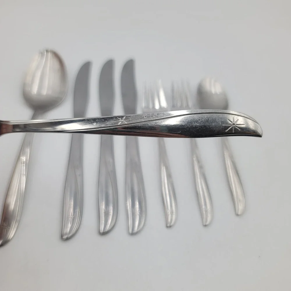 8pc Oneida Community Twin Star Stainless Flatware Set MCM Starburst Atomic